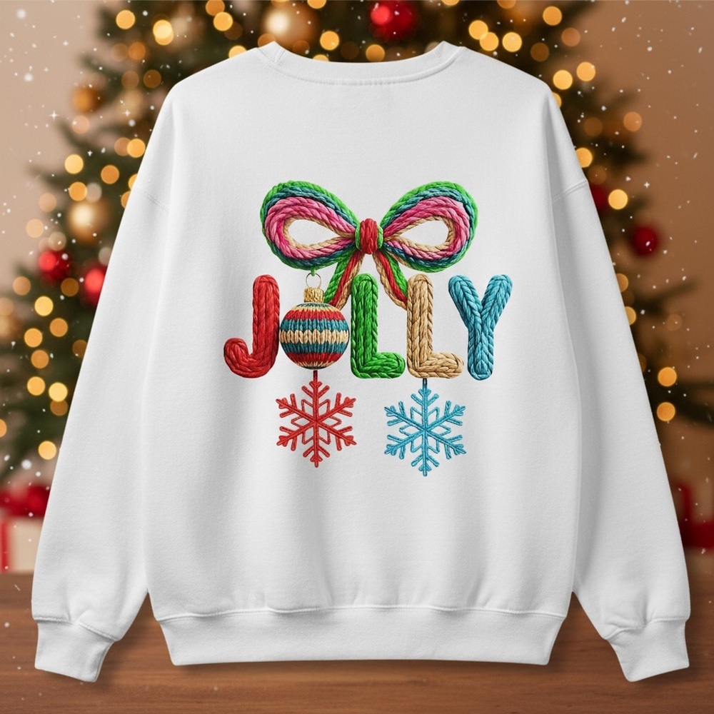 NEW Christmas Jolly Sweatshirt Faux Yarn Pink Green Bow. Any Size S M L XL XXL
